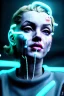 Placeholder: Ultra Realistic image, portrait, blonde woman, sweet Marylin Monroe face, perfect iris, glow eyes, glow makeup. Cyborg, Cyberpunk, ghost in the shell style, wires connected, oversized transparent latex coat, yakuza tattoos body. fog, rain, soft color, highly detailed, unreal engine 5, ray tracing, RTX, lumen lighting, ultra detail, volumetric lighting, 3d, finely drawn, high definition, high resolution.