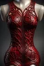 Placeholder: Dark red leather dress, 3D printing, tight corset, sleeveless, inspired by fractals in nature