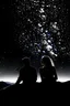 Placeholder: Black background on a mountaintop. A silhouette of a fit human man and a silhouette of a fit human woman sitting close to each other, looking at the stars. The man's arm is wrapped around the woman's shoulder.