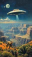 Placeholder: A UFO starship hovering dinosaurs over the Grand Canyon desert, in a forgotten battlefield over run by vegetation, cutesy tiktok detailed oil painting, grainy, old style