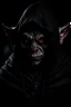 Placeholder: attractive, very dark green skin, male goblin, goblin ears poking through black hood, wearing full black leather armour, a black hooded cloak, full face mask, dark shadowy room, red eyes