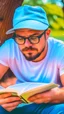 Placeholder: A man wears a white Dad Hat and wears glasses and is busy reading with a tree behind him, high resolution, and the image focuses on the Dad Hat