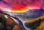 Placeholder: the most beautiful panoramic landscape, oil painting, where the mountains are towering over the valley below their peaks shrouded in mist, the sun is just peeking over the horizon producing an awesome flare and the sky is ablaze with warm colors and stratus clouds. a giant dreamy waterfall creates a river, it is winding its way through the valley and the trees are starting to bloom in a great variety of colors, by greg rutkowski, aerial view