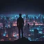 Placeholder: silhouette of man from building across city landscape horizon neon lights night life