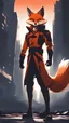 Placeholder: A human being in the form of a fox, not a human being, a short nose, Features of a male fox, serious features, character specifications are enthusiastic, emotional and somewhat selfish, high quality, the character is a fighter, war, the background is a developed but destroyed city, Cinematic shot, scary shape, multiple colors, high contrast, professional anime drawing , Professional anime style ، 4K .