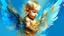 Placeholder: Beautiful baby angel, double exposure fantasy, blue, gold, glitter, fine detailing, hyperrealism, vibrant colors, photorealism, 3D, acrylic and watercolor elements, heart.