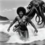 Placeholder: [art by Russ Meyer] In a vintage beach photo, a scared Afro-American lifeguard in a classic redcross swimsuit is grabbed by a terrifying octopus monster emerging from the waves. Her expression of shock and fear is frozen in time as the monstrous creature's tentacles wrap around her. The juxtaposition of the retro setting and surreal horror creates a spine-tingling scene of eerie nostalgia. Despite the absurdity, the lifeguard's bravery shines through as she faces off against the menacing octopus