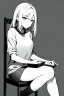 Placeholder: blonde girl speaks sitting on a chair, grayscale