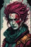 Placeholder: highly detailed color woodcut concept illustration of a world weary, female Scoia'tael rebel character , maximalist, sharp focus, highest resolution, in the styles of Alex Pardee, Denis Forkas , Bill Sienkiewicz, and Masahiro Ito, boldly inked, 8k, coarse, gritty textures