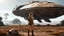 Placeholder: A skinny 50-year-old woman standing, hands on hips, in brown shorts, a shirt, and boots, standing next to a large, sleek cargo spaceship, sitting in a clearing, in a derelict alien town with clumps of fungi.