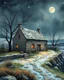 Placeholder: lone old stone cottage with lights on, by Frozen apocalypse " a patchwork art by Jamie heiden, peter doig, Renoir, pol Ledent, endre penovac, Gustave Loiseau, Arthur Rackham, Doug Chinnery, Maud Lewis. inlay, watercolors and ink, beautiful, fantastic view, extremely detailed, intricate, best quality, highest definition, rich colours. intricate beautiful dynamic lighting award winning fantastic view ultra detailed 4K 3D high definition hdr elegant intricate beautiful award winning fantastic view