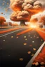 Placeholder: top right corner is a nuclear explosion cloud, top of explosion looks like a autumn tree full of leaves, add leaves falling everywhere in foreground, bottom 2/3 is a road through a road, a wind is blowing away from the tree. a commercial building is on the middle left