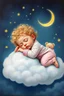 Placeholder: A sleepy adorable sweet blonde curly-haired baby in a beautiful soft pajamas, (sleeping on her stomach) sideways) comfortably perched on a plump cloud, surrounded by a halo of fireflies and a crescent moon in the distance, with a bear, is an unearthly work of art,acrylic painting,;1.5;32k. Removed from the image:photo,poorly designed face,extra fingers ugly, deformed, noisy, blurred, distorted, out of focus, out of frame,incorrect anatomy, extra limbs, poorly drawn face, poorly drawn hands, miss