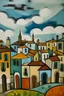 Placeholder: A cozy little town with cute houses, the town is on a cloud and the sky is grey, it's raining, painted by Pablo Picasso