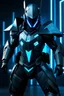 Placeholder: cyberpunk, neon blue, floating triangle of light behind the back, cyber armor, geometric patterns on an armor, male, orbiting triangle