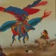 Placeholder: flying cows with wings fighting dragongs indian painting