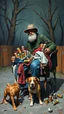 Placeholder: Bosh painting style nightmare, A homeless with a cart has all his clothes and beer cans and dog