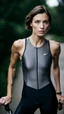 Placeholder: photography of a beautiful anorexic woman, grey satin triathlon top, brunette wavy bob haircut, pronounced sternum, flat chest, grey satin cycling leggins