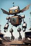 Placeholder: A metal robot that flies with one eye with a junkyard background