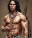 Placeholder: native american warrior, long black hair, big muscles, magic crystal neckless , shirtless