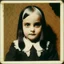 Placeholder: White haired wednesday addams as a child, polaroid, 1970s