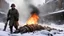 Placeholder: British soldier WORLD WAR ONE, CORPSE, BENT, DAMAGED ARTILLERY BESIDE HIM, , BURNING, UNIFORM, a snowy london street 1898, the snow, alien creature feeds on his corpse, , SNOW ON THE GROUND, BURNING DEBRI LIES ALL AROUND, PHOTO REALISTIC, EPIC, CINEMATIC