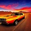 Placeholder: muscle car, desert road, sunset, full colour,