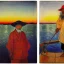 Placeholder: Portrait of OLd Japanese Fishermen, crane bird fishing , sunset, with long beard, on boat, wearing bucket hat, by edvard munch 8k