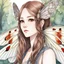 Placeholder: A close-up headshot of a woman with long brown hair, red eyes, fuzzy moth antennae, and Japanese Silk Moth moth wings on her back, watercolor, intricately detailed, high definition, 4k, anime, forest background