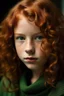 Placeholder: Teen with dark green eyes reddish curly poofy hair small nose