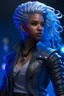 Placeholder: Female air genasi from dungeons and dragons, woman of color, wind like hair, librarian vibes, wearing hot leather clothing that also looks studded, light blue coloring, purple coloring, realistic, digital art, high resolution, strong lighting