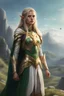 Placeholder: young female elf, blonde shoulder length straight hair, gold and white armor, glowing green cape, long hair, green cape, standing on a hill overlooking a mountain, realism, hyperrealistic, detailed, butterflies in background, glowing blue eyes