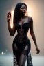 Placeholder: A portrait of a beautiful curvaceous black woman with long black hair, wearing a lace black corset, wizard, magical, ethereal, intricate, sharp lighting, misty. Concept art by wlop. Ultra quality 8k.