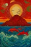 Placeholder: A red volcanic island with dolphins designed in Mehndi design painted by Vincent van Gogh
