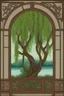 Placeholder: Colorful Logo of a pretty willow tree with long green hanging branches, standing outside a square window with an arch, emphasize the window and arch, serene tranquil background with a body of water.