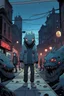 Placeholder: A black shadow wearing a light blue jacket, red eyes like a snake's eyes, and sharp teeth, standing on a terrifying street filled with strange creatures.