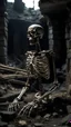 Placeholder: human skeleton remains among the ruins in dark