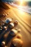 Placeholder: magic sea, beach with sand, shells, realistic, professional photo, 4k, top view, sanrise