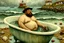 Placeholder: A fat man wearing a hat, is in a bath tub, by a light house, by andrea kowch, holding a umbrella, inspired by andrew wyeth. A rustic harbour, with ships docked is nearby. The Beach is covered with sea shells, crabs and lobsters.There are rain clouds and everything looks as if done in watercolors victo ngai, matisse, monet, catrin welz-stein, vladi