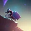 Placeholder: A raccoon astronaut riding a rainbow bike on a mission to gather space trash, jumping over asteroids as he goes.