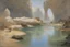 Placeholder: rocks, lagoon, vegetations, space, sci-fi, solar warden program influence, epic, willem maris and anna boch impressionism paintings