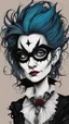 Placeholder: Maurice Sendak, Edward Gorey, and Ralph Steadman style, close up, full body, caricature portrait illustration, of a gothpunk vampire girl, with highly detailed hair and facial features, precisely drawn and inked in vibrant chromatic color