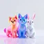 Placeholder: Colored translucent 3D small dog, cat, and rabbit displayed side by side funny poses, smooth glass and acrylic materials, pastel and neon color palette, clean minimalist background, soft studio lighting, refractive and reflective surfaces, product render style, cinema 4D, redshift, high detail, centered composition.