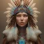 Placeholder: war painted pueblo Indian female,detailed eyes, blue eyes,, disturbed expression.intricate detaile,thnically accurate face, intricate head dress,detailed turquoise jewelry, detailed hair, detailed feathers, use dynamic palette, accurate proportions, high contrast black smokey bokeh background.studio ghibli,andrea bonelli,Kilian Eng,Ohrai, korra character, style.