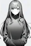 Placeholder: girl in love with long hair thinks in a loose sweatshirt, line arts, greyscale,