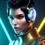 Placeholder: Rosalía, Cyborg anime warrior, cyberpunk, light black short hair, pixie hairstyle, cobalt eyes, waist up portrait, 8k resolution, retroanime, intricate details, neon details, soft lighting, vibrant colors, masterpiece, intricate eyeliner, dark eyeshadow, eyes, intricate tattoos, gradient background