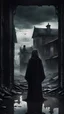 Placeholder: The frame opens onto abandoned buildings, in the foreground a gloomy figure in a black elegant robe without a face stands epically and looks towards the buildings, an atmosphere of horror