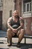 Placeholder: viril strong chubby mature russian man sunbathing, sitted on an empty street, 41 years old, dirty tank top, tattoo, bullneck, hands behind the neck, ripped dirty shorts, manly chest, very hairy, short beard, big shoulders, relaxed, photorealistic, well defined facial features, half figure photography, view angle from the ground