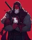 Placeholder: Man with Purple long hair, purple eyes with murderous intent, wears a mask around his neck without covering his mo, He wears an assassin's outfit, carries a katana, dark red background, his face is stained with blood on his cheeks, he has a calm and cold expression, and He is a 23-year-old man but has a light body and not that strong, You have a "Z" mark on your clothes, As I said, his body is not that heavy so he is very thin, being very normal compared to people.