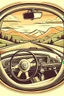 Placeholder: A vintage car phone with a curly cord, attached to the dashboard of a classic automobile. A scenic mountain highway stretches out in the background through the open window. Style: Retro travel, Mood: Adventurous, Lighting: Warm sunlight streaming through the window, T-shirt design graphic, vector, contour, white background.